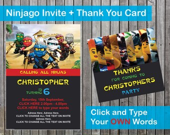 Ninjago Invite / Invitation and Thank you card - editable PDF file