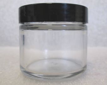 Choose Size 1oz OR 2oz Clear GLASS Cream jar container with Black Screw Cap Lid salves lotion screw-cap medicinal tea spice herbs herbal nug