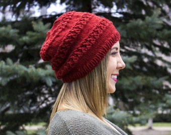 Red Slouchy Knit Hat - Maroon Vegan Hat - Burgundy Hat - Hipster Hat - Hippie Hat Womens Tam - Mens Beanie - Unisex Hat - Acrylic Hand Knit