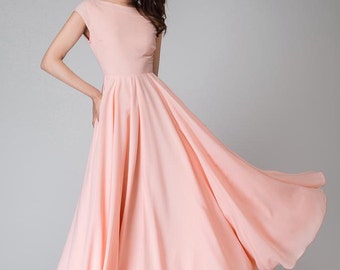 Pink long dress, Maxi dress, maxi prom dress, V neck dress, cap sleeve dress, chiffon maxi dress, women dresses, bridesmaid dress 1526