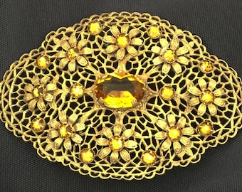 Large Amber Glass Oval Filigree Brass Brooch .Ornate Vintage.