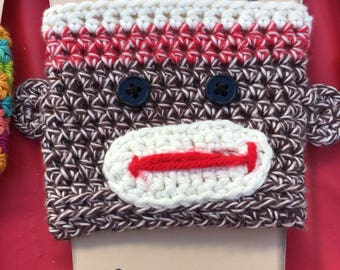 Crochet Sock Monkey cup cozy /Sock monkey cup sleeve / Crochet sock monkey cup sleeve / coffee lovers / sock monkey lovers