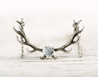 Deer Antler Necklace Moonstone and Sterling Silver Charm Horns Boho Jewelry - FPE017
