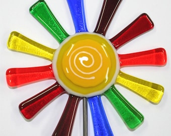 Glassworks Northwest - Brilliant Rainbow Daisy Flower Stake - Fused Glass Garden Art