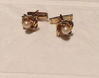 Mens, goldtone, pearl, cufflinks, pearl knot, dress, formal, jewelry, pearl cufflink