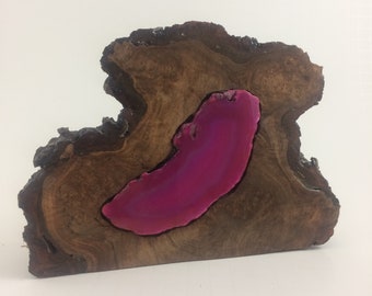 Inlaid magenta agate into reclaimed walnut