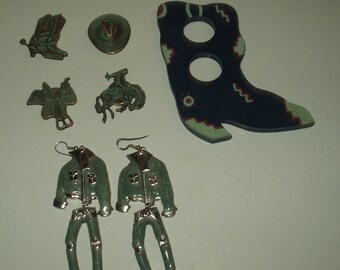 Vintage Cowgirl Cowboy Western 1990s 90s Earrings Button Covers Shirt Clip Shaper Lot