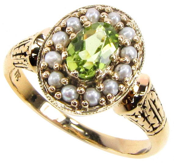Vintage Peridot Ring with Pearls Victorian Pearl Ring Womens