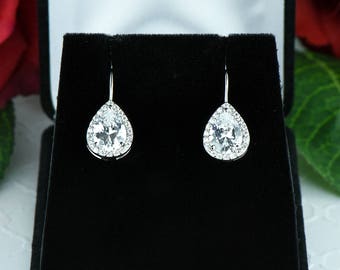 4 ctw Tear Drop Earrings, Pear Earrings, French Hook Dangle Earrings, Man Made Diamond Simulants, Sterling Silver, Wedding Bridal Earrings