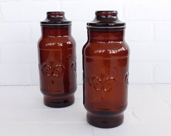 Vintage Brown Glass Jars Embossed Fleur de Lis, 1970's Retro Storage Jar, Brown Glass Canister