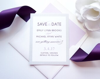 Purple Save the Date Card, Silver and Purple Save the Date Cards, Printed Save the Date, Modern Save the Dates - DEPOSIT