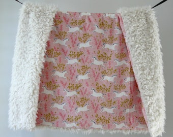 NEW! Dream Blanket, Pink Gold Unicorns Minky with Ivory Faux Fur