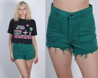 80s Cutoff Shorts // Vintage Green Dyed Denim Shorts High Waisted - Small to Medium
