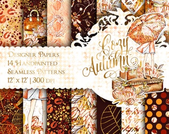 Watercolor Autumn Paper Pack Fall Fashion Floral Cute Watercolor Chrysanthemum Illustration Backgrounds Digital Seamless Patterns Printable