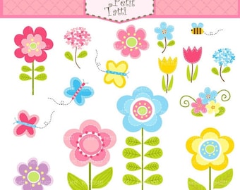 ON SALE Flowers clip art - Butterfly clip art, instant download, summer garden, Stitched flowers clip art, Butterfly flowers pink, blue,yell