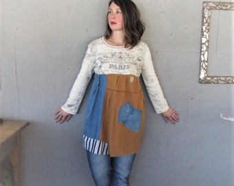 upcycled dress recycled Bohemian tshirt reclaimed clothing denim tunic Large simple Wearable art Boho sustainable clothes LillieNoraDryGoods