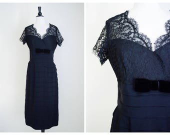 Vintage 1950's black lace illusion dress