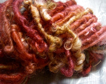 Handspun Corespun Curly Textured Wool Art Yarn in Red Pink Coral Gold by KnoxFarmFiber for Knit Crochet Weave Embellishment
