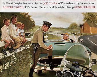 1957 Ticket For Roadster - Man Getting Speeding Ticket - George Hughes Art - Saturday Evening Post Cover - 1950s Kelvinator Refrigerator Ad