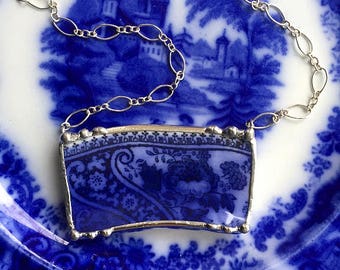 Dishfunctional Designs - Broken china jewelry necklace - 1880's - antique Edwardian Art Nouveau, English flow blue china recycled china