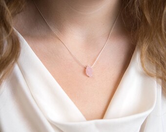 Raw Rose Quartz Necklace, Healing Stone Gift, Rose Crystal Necklace, Natural Stone Pendant, Bridesmaids Gift, Sterling Silver Chain, Boho