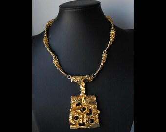 1970s Robert Larin bib necklace gold plated pewter Brutalist Modernist Sculptural * Free shipping