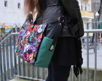 Shoulder Bag carnival, leather, cotton fabric