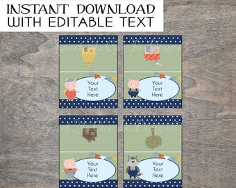 Three Little Pigs Food Tents | Birthday Farm Storybook 3 Place card Name Tag Big Bad Wolf Printable Foldable Party Table Labels