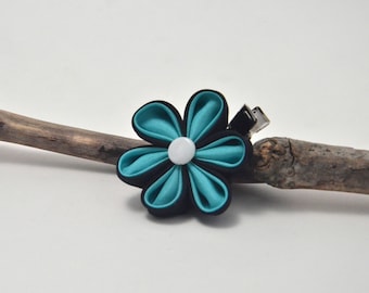 Black and Teal Silk Kanzashi Flower Hair Clip