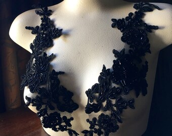 BLACK Applique Beaded Applique Pair for Lyrical Dance, Ballet, Bridal, Costumes PR 3bl