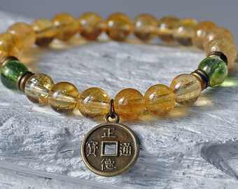 Success and Prosperity, Citrine Peridot Lucky Coin Bracelet, Gemstone Chakra Mala,Boho Bracelet, Zen Bracelet, Meditation Buddha Jewelry