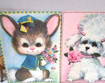 Pair of Adorable Vintage Giant Greeting Cards w/ Envelopes, Anthro Pastel Pets by Coby, Rabbit and Poodle, Frameable, Pink Blue Nursery