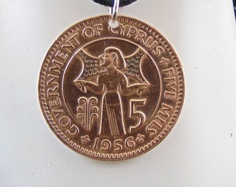 Cyprus Coin Necklace, 5 Mils, Coin Pendant, Leather Cord, Mens Necklace, Womens Necklace, Coin Jewelry, 1956