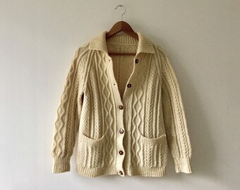 Traditional Vintage Aran Cardigan | Vintage Chunky Knit Fisherman's Sweater | Vintage Scottish Wool Cardigan | Vintage Scottish Aran Jumper