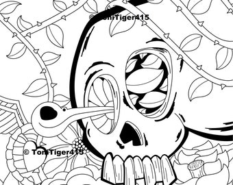 Skull Coloring Page And Hummingbird Art Instant Download Digital Original Drawing Adult