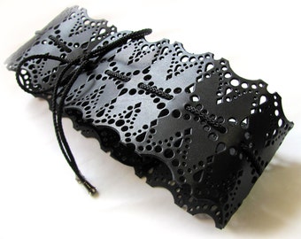 Wide, black leather belt, Black obi belt, Leather & lace, MADE TO ORDER