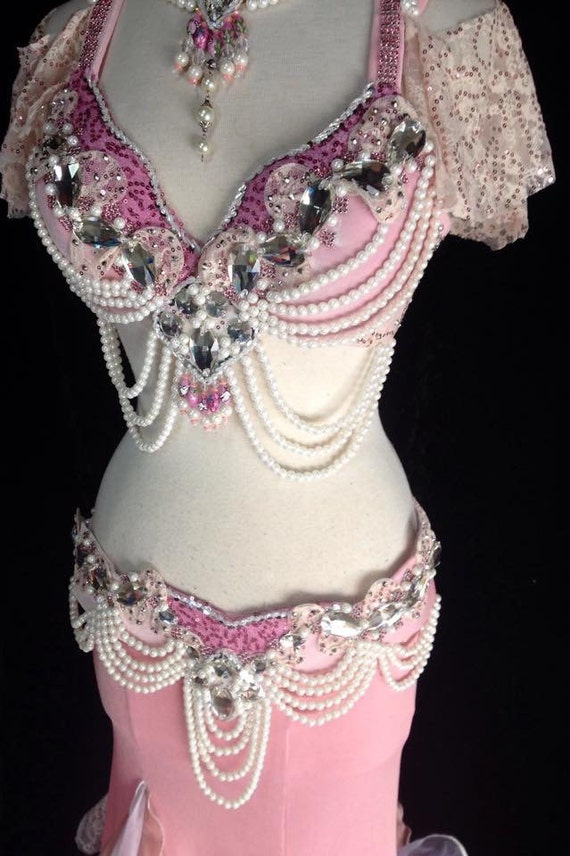 Professional Belly dance Costume Pearls Lace & Ruffles