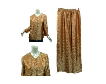 Vintage Asian Pajamas Lounge Set ~ Size Small Loose Fitting ~ Vietnamese Silk ~ Golden Brown Floral Jacquard ~ Top and Pants