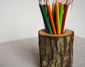 Oak pencil holder, log desk organizer, wood pencil holder