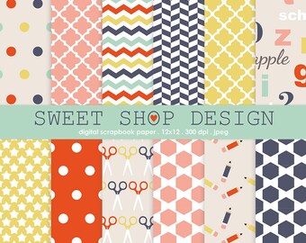 Digital Paper: SCHOOL DAYS, Printable Scrapbook Paper Pack 2, Geometry, Alphabet Papers, Back to School, 12x12, Set of 12 Papers