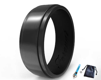 Black Elegant Silicone Wedding Ring/ Wedding Band for Men. Thin, Comfortable, Durable. Gift Bag and Silicone Keychain Included.