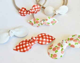 Red and White Gingham and Posies Bow Multi Pack // Leather Knotted Hair Bows // Leafy Treetop Leather