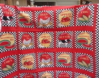 Fabric, Country Checkerboard motif, cows, chickens, watermelon,