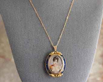 18K Corletto Portrait Necklace, Miniature Portrait Pendant, Miniature Portrait Necklace, Vintage Portrait Brooch, 18K Portrait Brooch