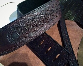 Guitar strap, leather, handmade, tooled and hand sewn