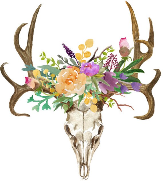 Deer Skull Antlers Flowers Bohemian Print Boho Art Print