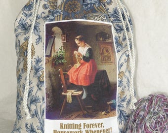 Forget Housework Knitting bag, knitting project holder in blue damask