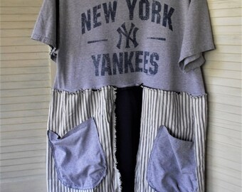 NY Yankees Upstyled Dress/ Refashioned Tee/ Funky Handmade/ Wearable Art/ Plus Size Dress/ Raw Seams/ Knit and Ticking/ Sheerfab Funwear