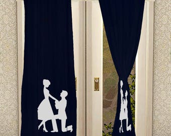 Eyelet Hand Block Printed Curtain Panels for Living Room Solid Cotton Blue Curtains 2 pcs Panel Set