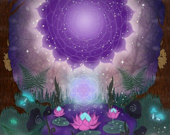 Art Print A4 / 8x11" -"Doorway to the Stars"-Sacred geometry-Seed of life-Purple-Lotus Flower-Pop surreal-Visionary-Purple